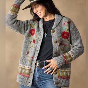 Lost Horizons Hand Knit Wool Fleece Lined Floral  Cottagecore Cardigan Sweater